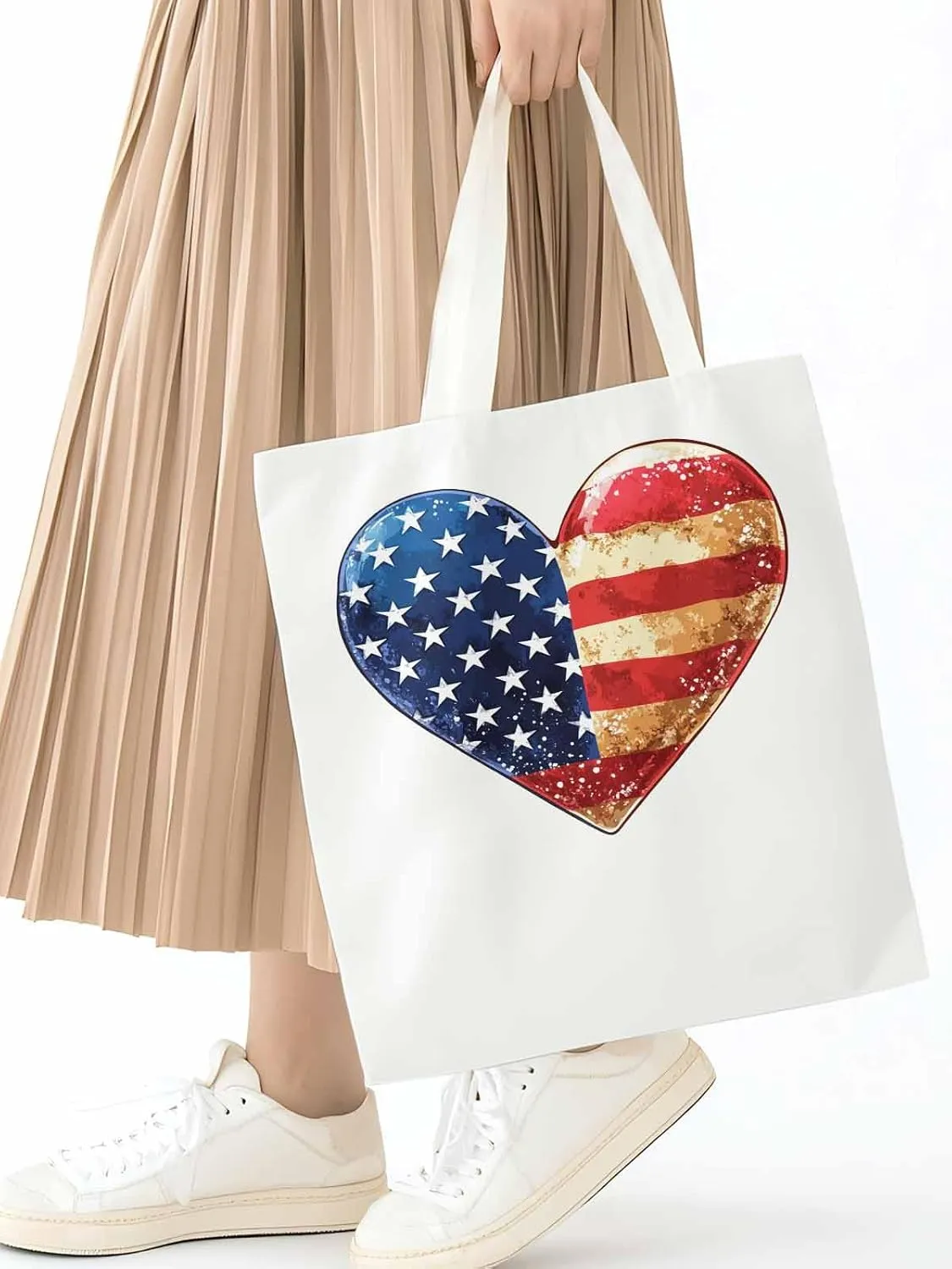 Canvas Tote Bag, American Flag Love Heart patterned Canvas Tote Handbags for Women Shoulder Bag,