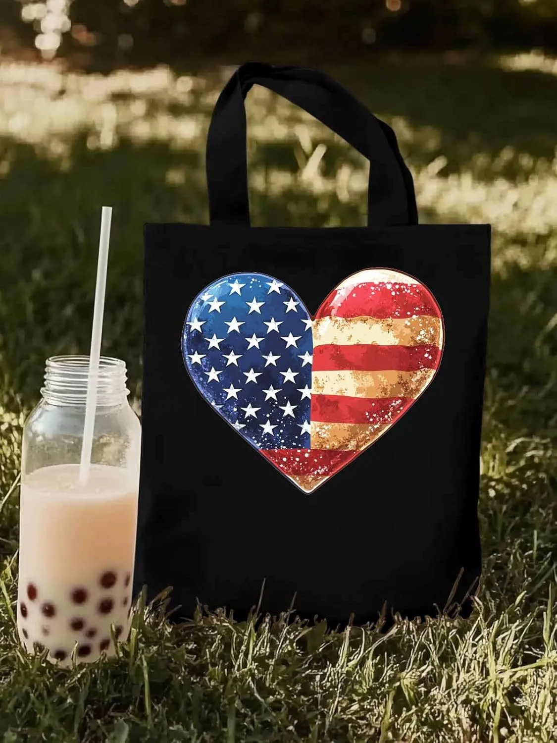 Canvas Tote Bag, American Flag Love Heart patterned Canvas Tote Handbags for Women Shoulder Bag,