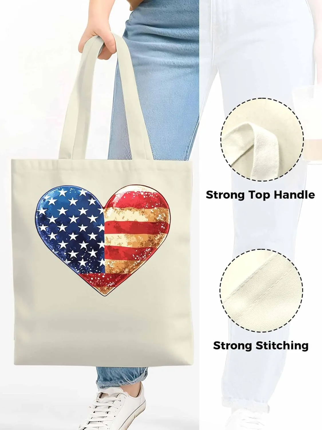 Canvas Tote Bag, American Flag Love Heart patterned Canvas Tote Handbags for Women Shoulder Bag,