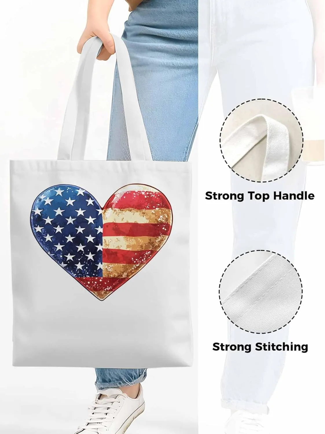Canvas Tote Bag, American Flag Love Heart patterned Canvas Tote Handbags for Women Shoulder Bag,