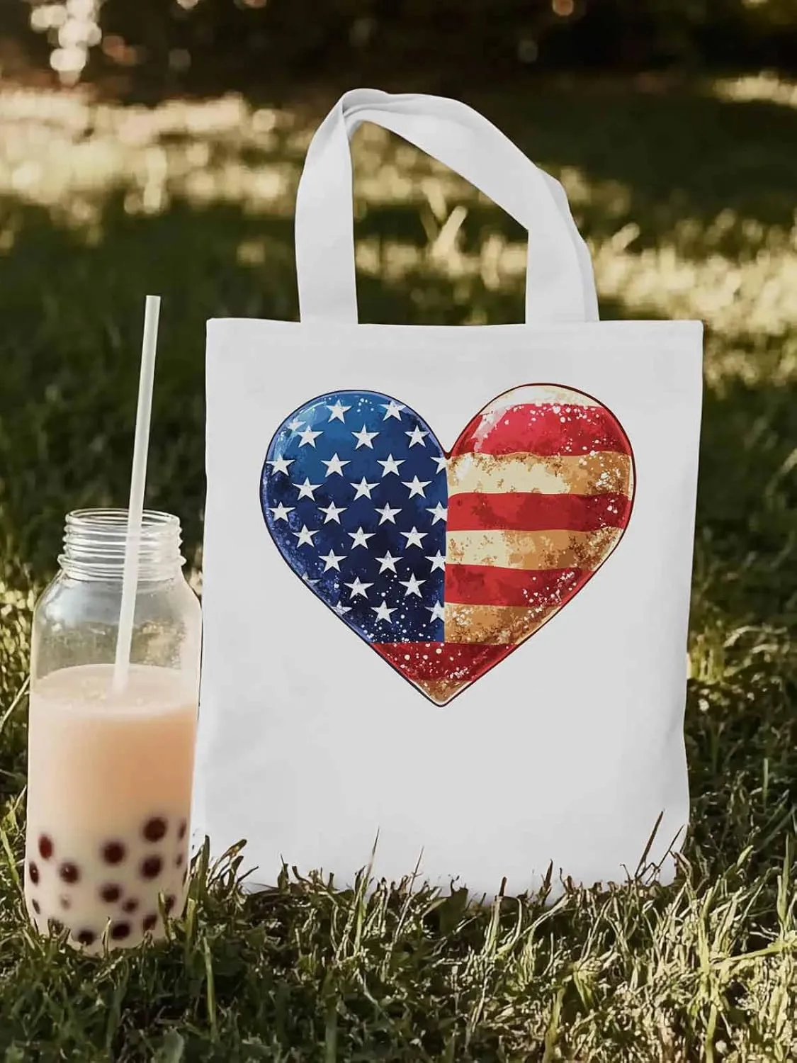 Canvas Tote Bag, American Flag Love Heart patterned Canvas Tote Handbags for Women Shoulder Bag,