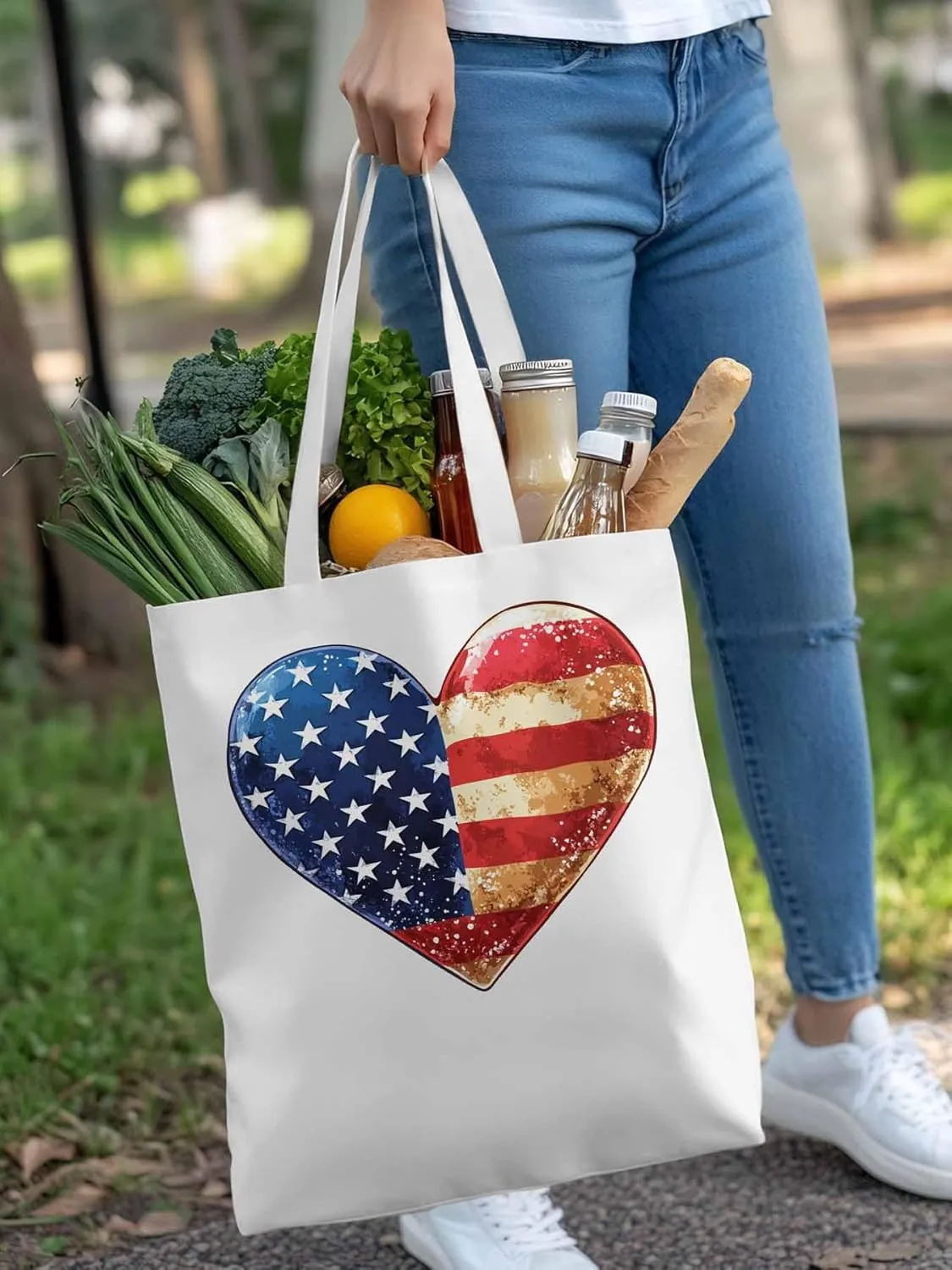 Canvas Tote Bag, American Flag Love Heart patterned Canvas Tote Handbags for Women Shoulder Bag,