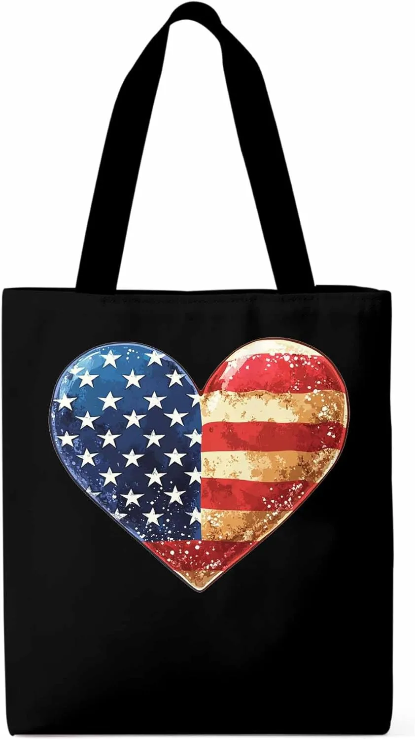 Canvas Tote Bag, American Flag Love Heart patterned Canvas Tote Handbags for Women Shoulder Bag,