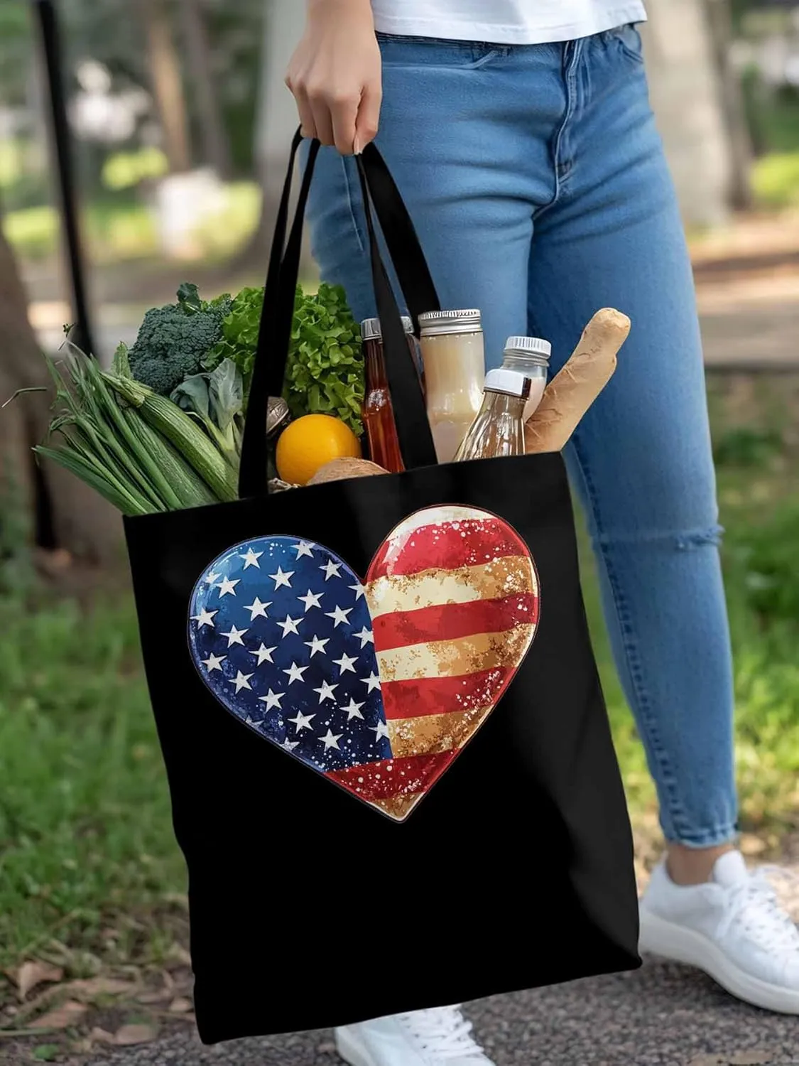 Canvas Tote Bag, American Flag Love Heart patterned Canvas Tote Handbags for Women Shoulder Bag,