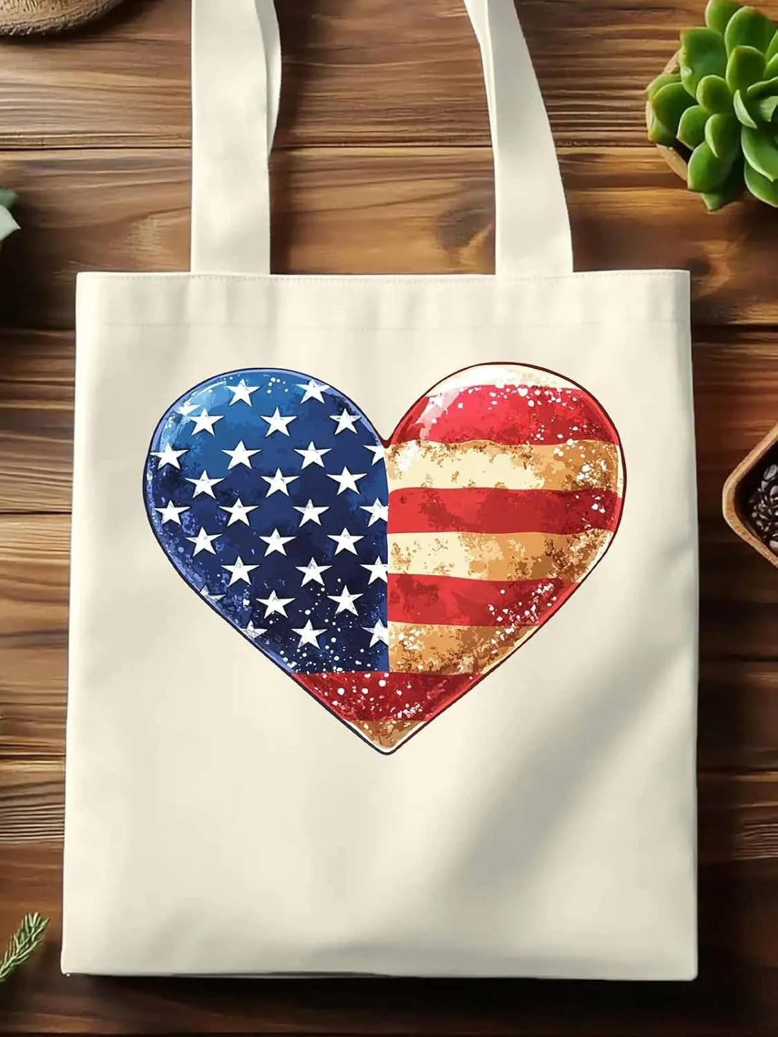 Canvas Tote Bag, American Flag Love Heart patterned Canvas Tote Handbags for Women Shoulder Bag,