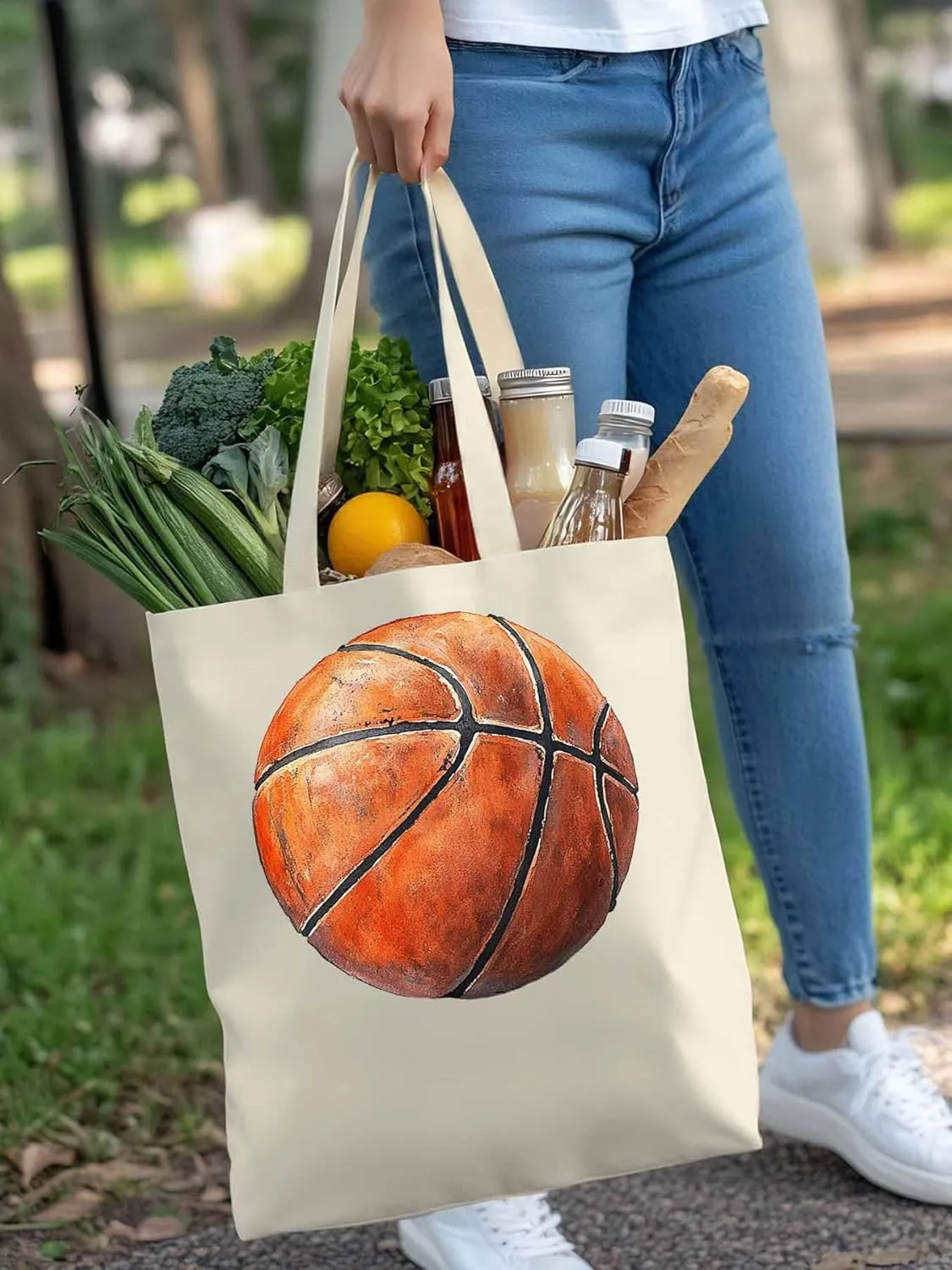 Canvas Tote Bag, Basketball Aesthetic Canvas Tote Handbags for Women Shoulder Bag Brown Watercolor