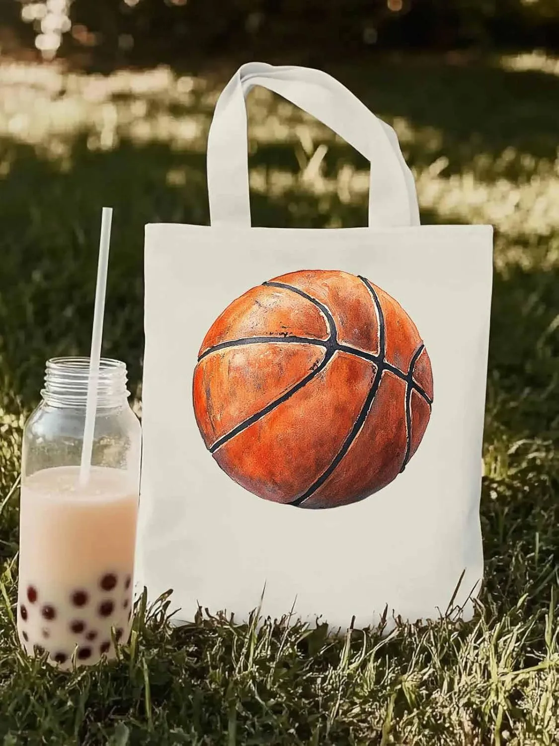 Canvas Tote Bag, Basketball Aesthetic Canvas Tote Handbags for Women Shoulder Bag Brown Watercolor