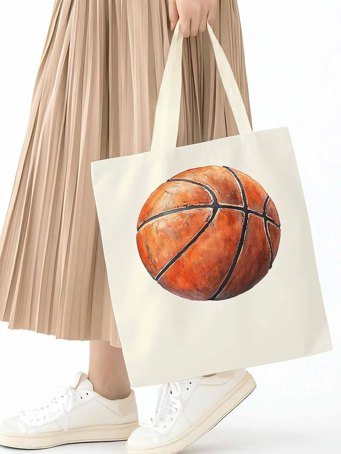 Canvas Tote Bag, Basketball Aesthetic Canvas Tote Handbags for Women Shoulder Bag Brown Watercolor