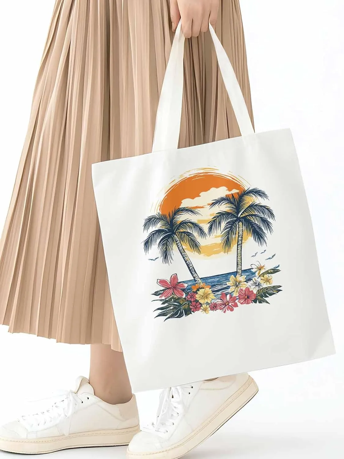 Canvas Tote Bag, Beach Palm Trees Flower Boho Sun Birds patterned Canvas Tote Handbags for Women Shoulder Bag,