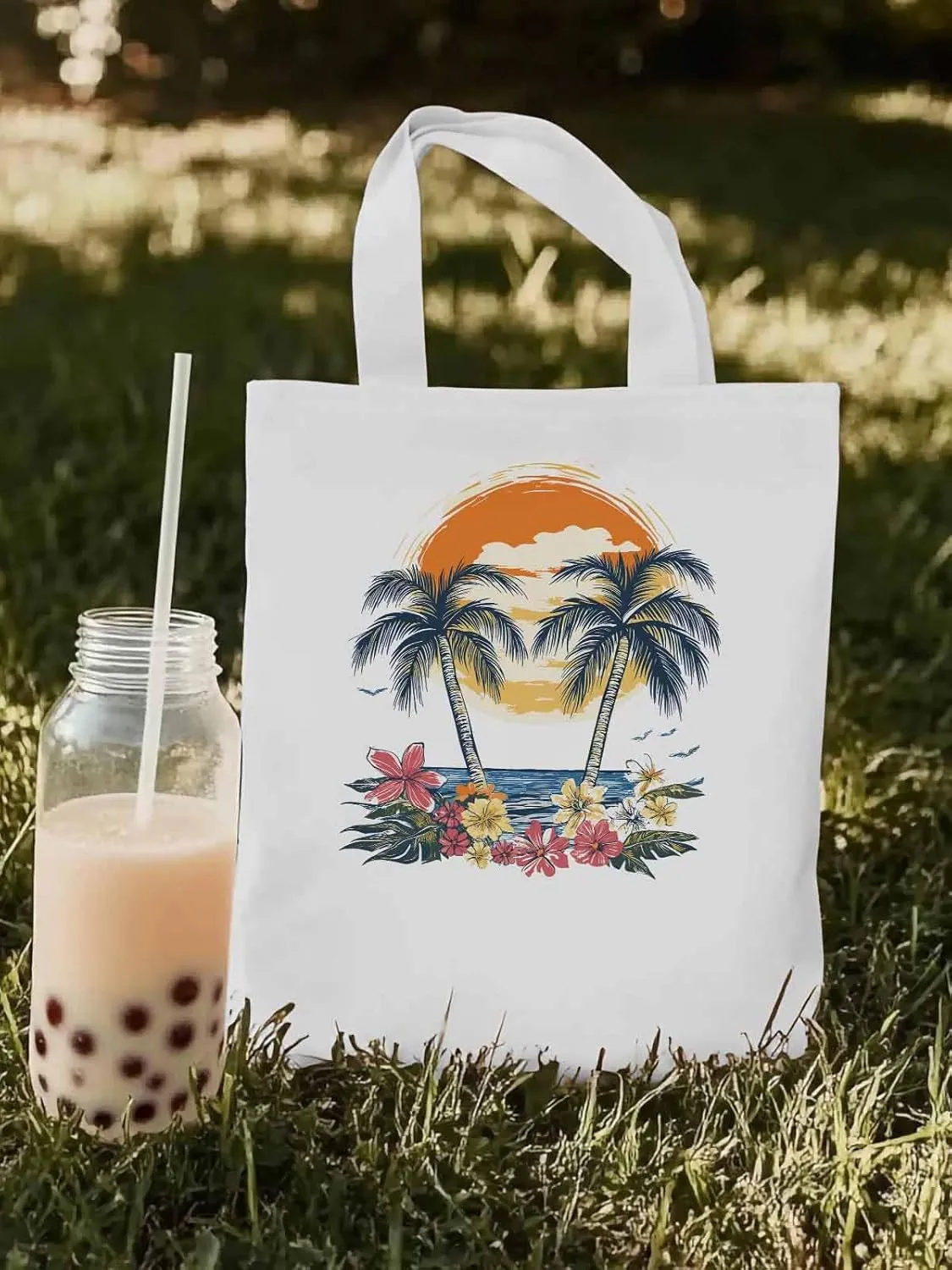 Canvas Tote Bag, Beach Palm Trees Flower Boho Sun Birds patterned Canvas Tote Handbags for Women Shoulder Bag,