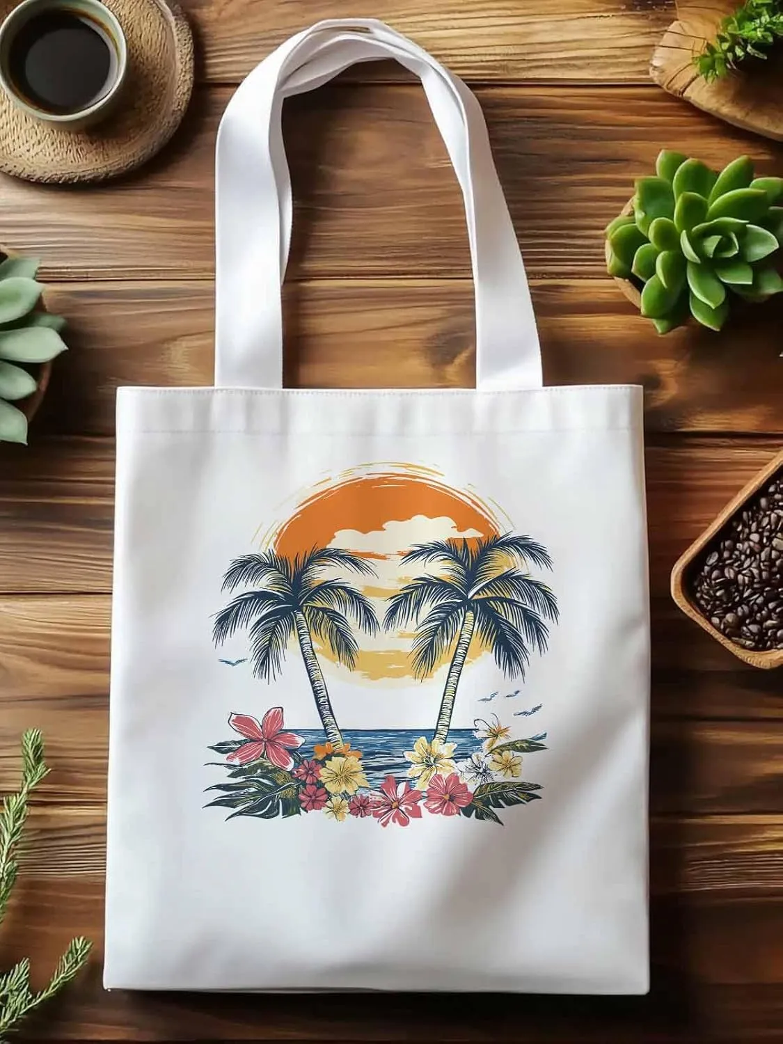 Canvas Tote Bag, Beach Palm Trees Flower Boho Sun Birds patterned Canvas Tote Handbags for Women Shoulder Bag,