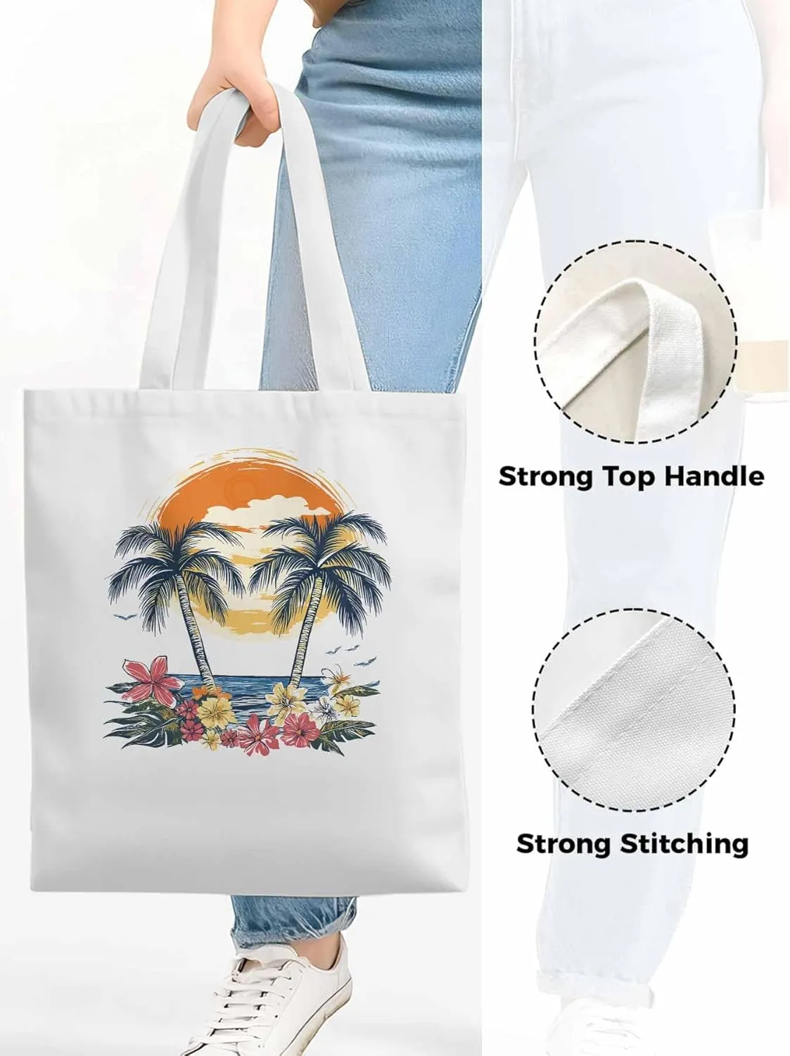 Canvas Tote Bag, Beach Palm Trees Flower Boho Sun Birds patterned Canvas Tote Handbags for Women Shoulder Bag,