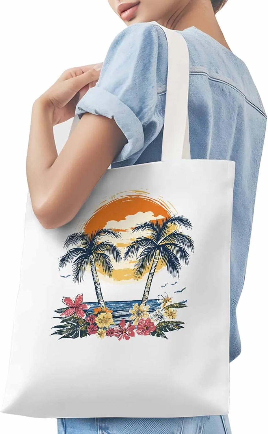 Canvas Tote Bag, Beach Palm Trees Flower Boho Sun Birds patterned Canvas Tote Handbags for Women Shoulder Bag,