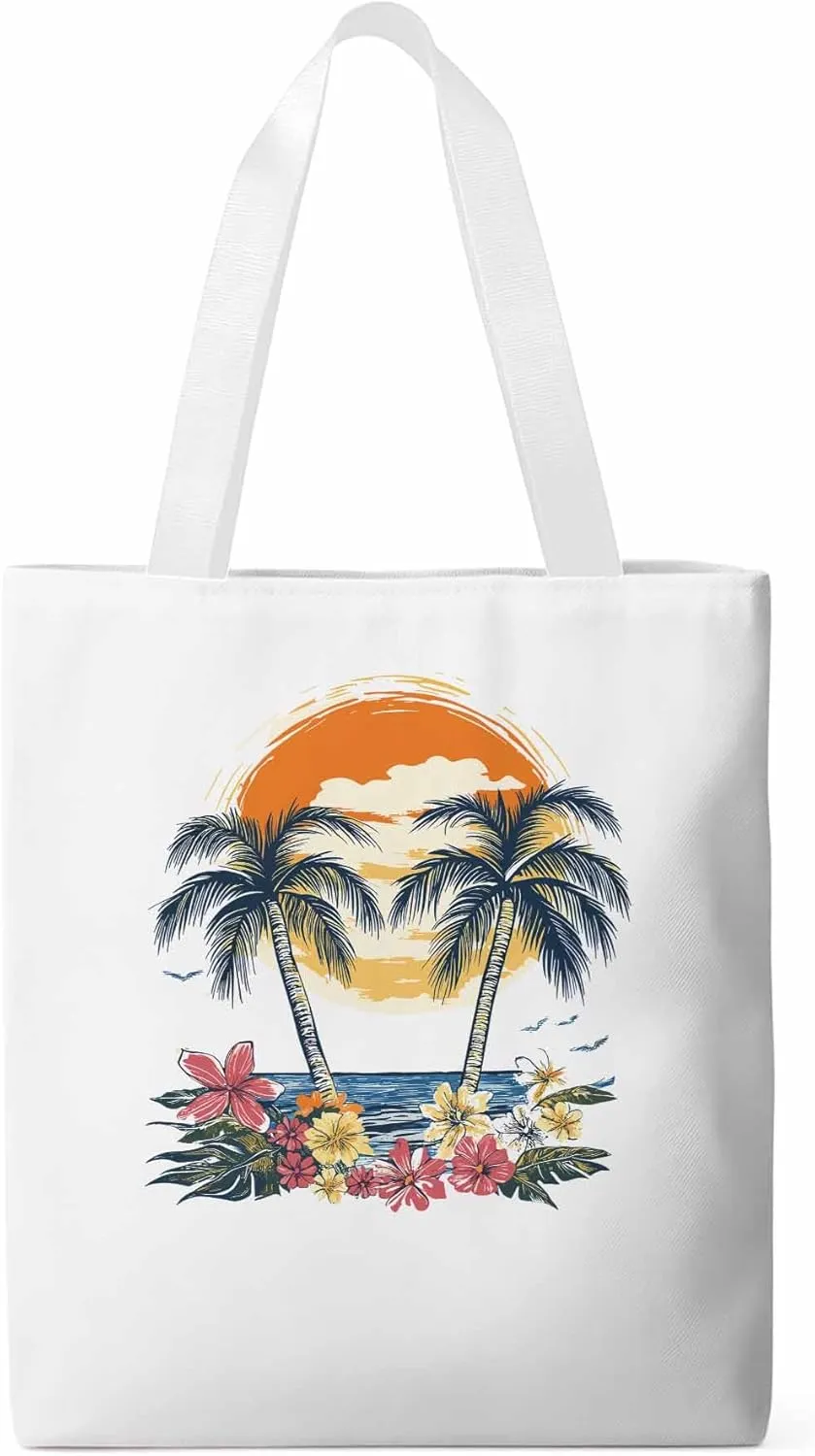 Canvas Tote Bag, Beach Palm Trees Flower Boho Sun Birds patterned Canvas Tote Handbags for Women Shoulder Bag,