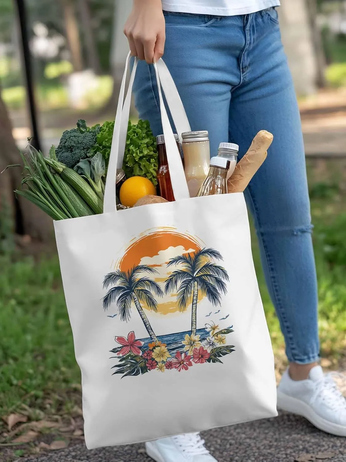 Canvas Tote Bag, Beach Palm Trees Flower Boho Sun Birds patterned Canvas Tote Handbags for Women Shoulder Bag,