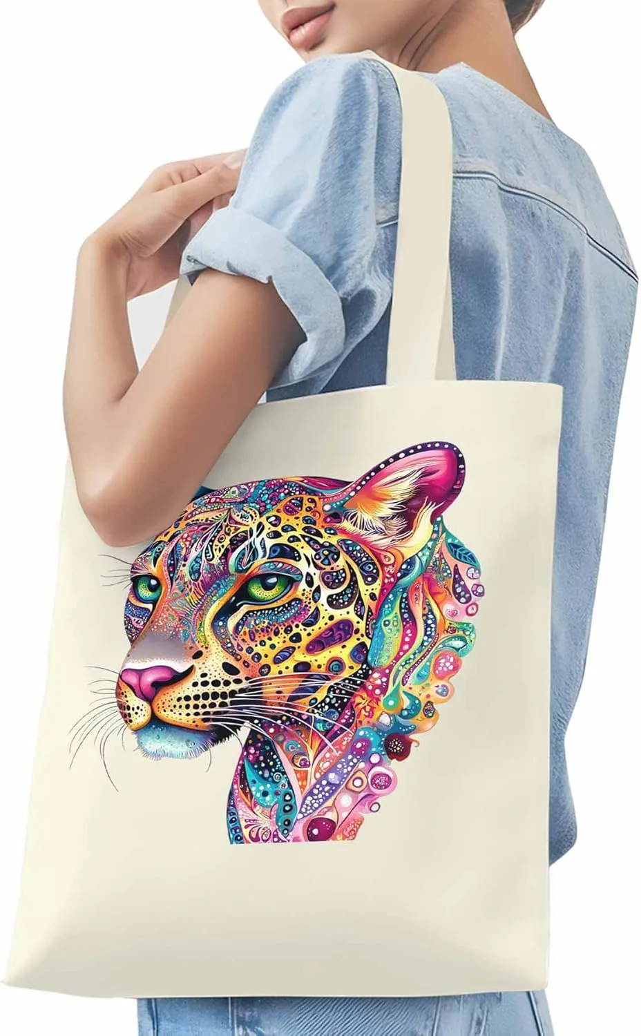 Canvas Tote Bag, Boho Colorful Leopard Print patterned Canvas Tote Handbags for Women Shoulder Bag,
