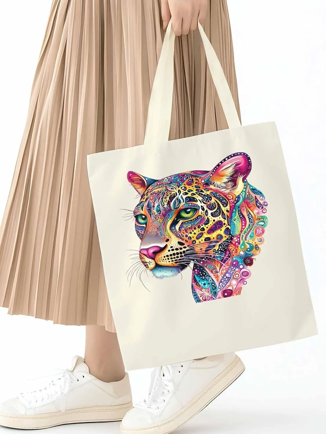 Canvas Tote Bag, Boho Colorful Leopard Print patterned Canvas Tote Handbags for Women Shoulder Bag,