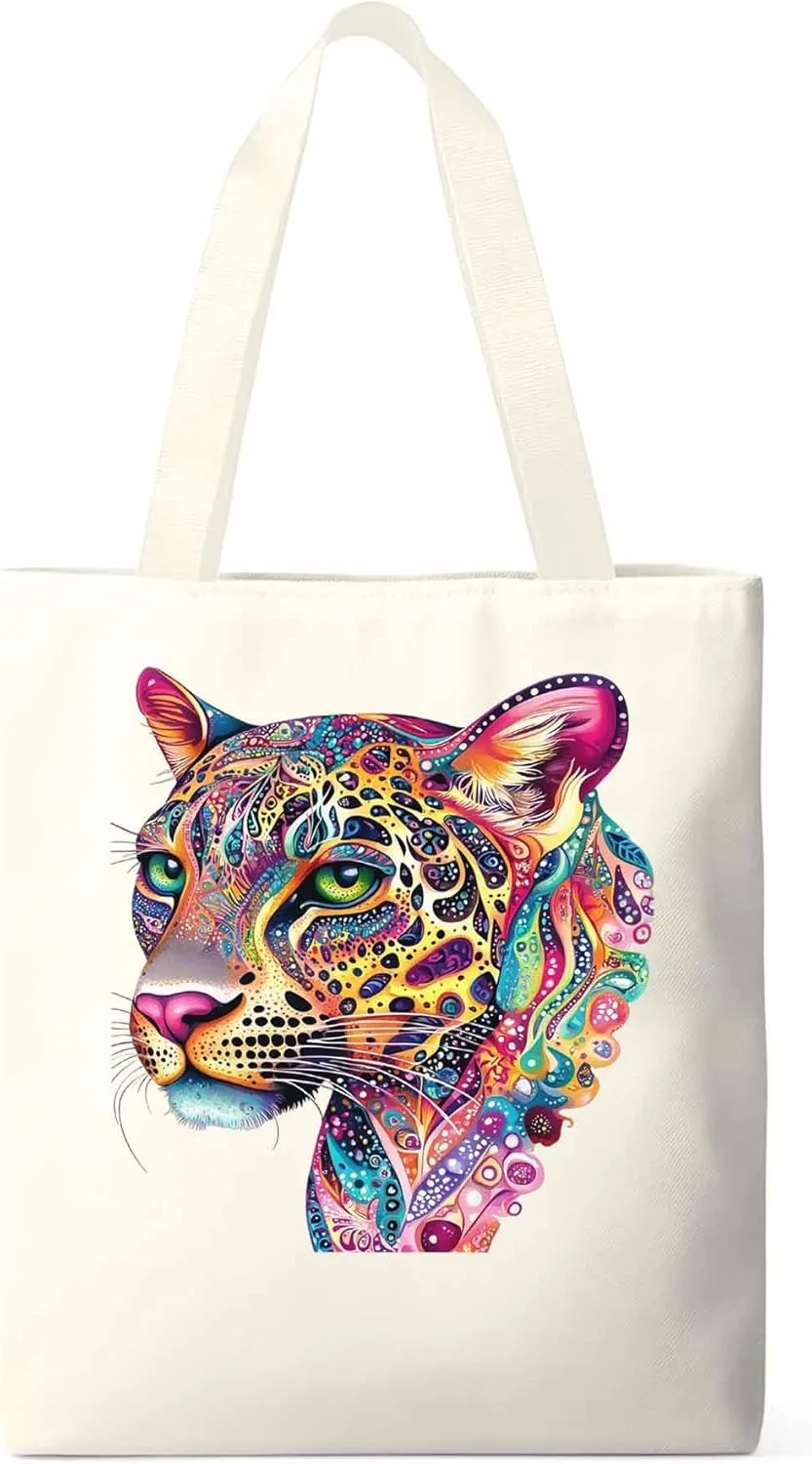 Canvas Tote Bag, Boho Colorful Leopard Print patterned Canvas Tote Handbags for Women Shoulder Bag,