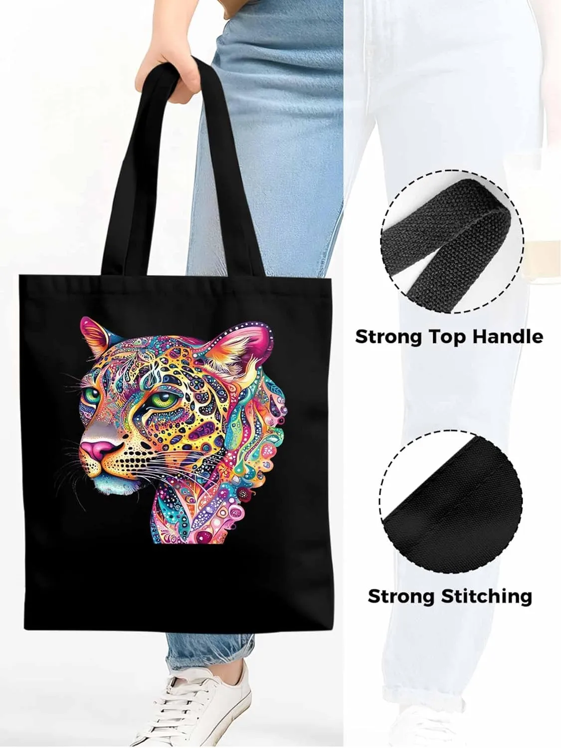 Canvas Tote Bag, Boho Colorful Leopard Print patterned Canvas Tote Handbags for Women Shoulder Bag,