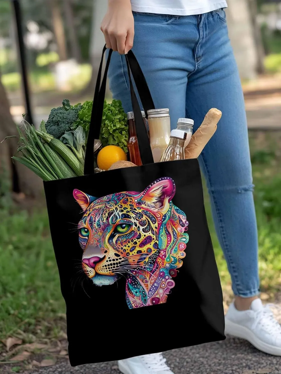 Canvas Tote Bag, Boho Colorful Leopard Print patterned Canvas Tote Handbags for Women Shoulder Bag,