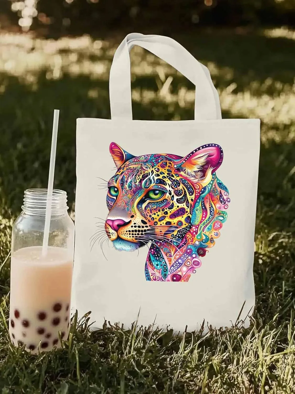 Canvas Tote Bag, Boho Colorful Leopard Print patterned Canvas Tote Handbags for Women Shoulder Bag,