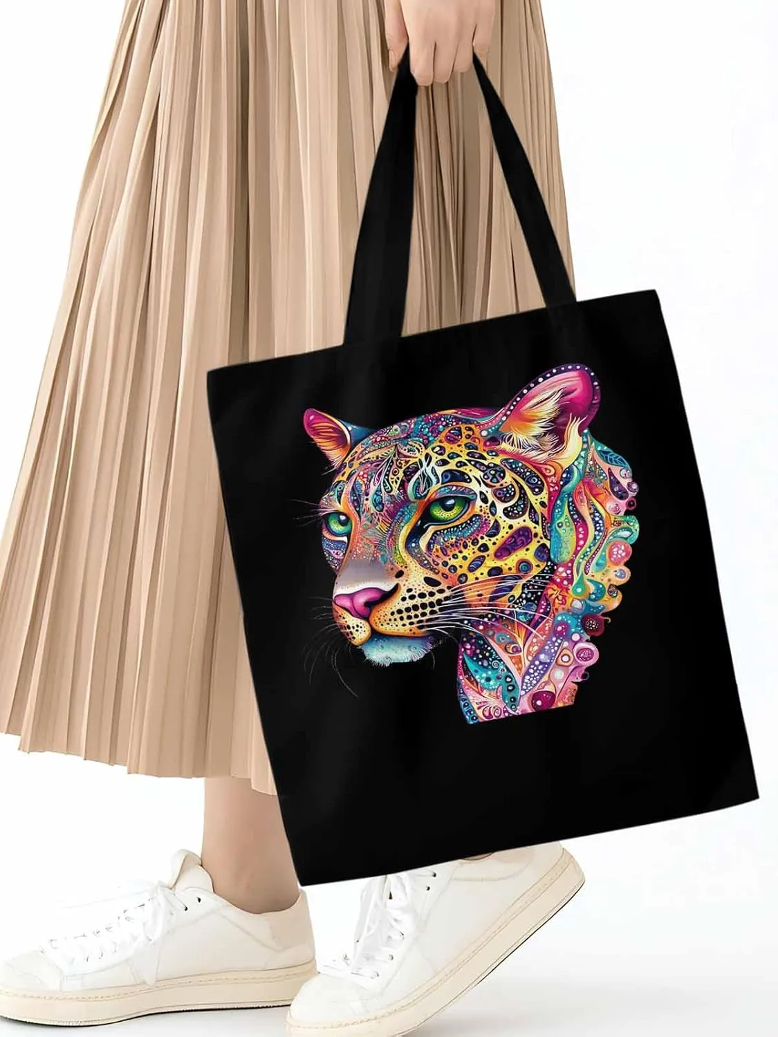 Canvas Tote Bag, Boho Colorful Leopard Print patterned Canvas Tote Handbags for Women Shoulder Bag,