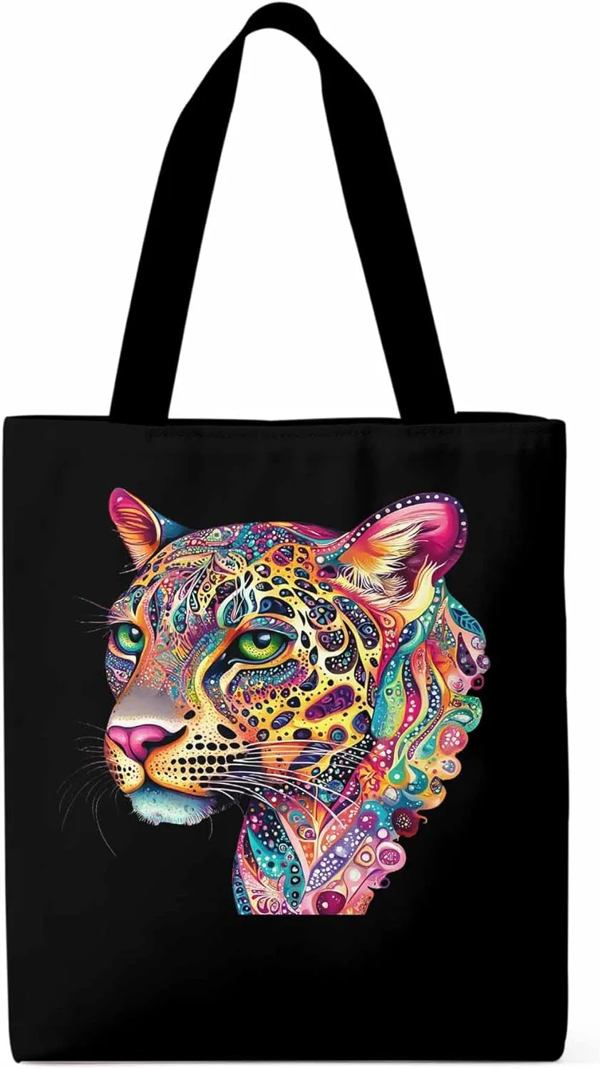 Canvas Tote Bag, Boho Colorful Leopard Print patterned Canvas Tote Handbags for Women Shoulder Bag,