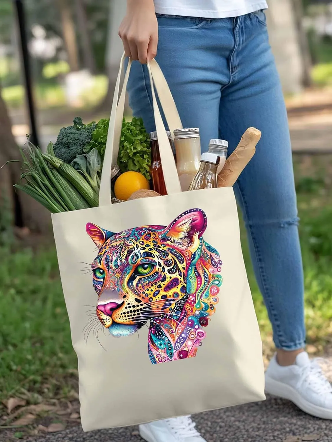 Canvas Tote Bag, Boho Colorful Leopard Print patterned Canvas Tote Handbags for Women Shoulder Bag,