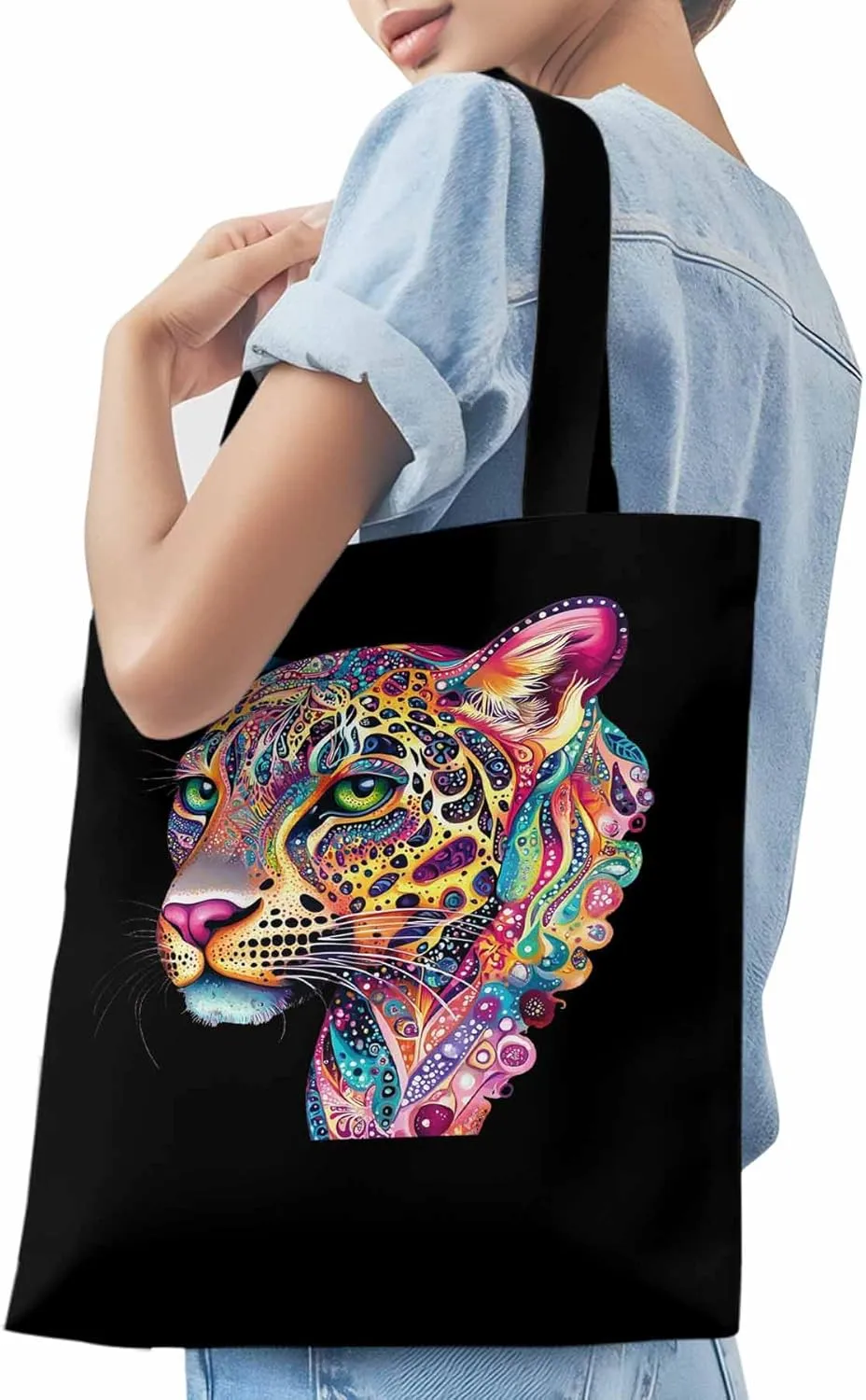 Canvas Tote Bag, Boho Colorful Leopard Print patterned Canvas Tote Handbags for Women Shoulder Bag,