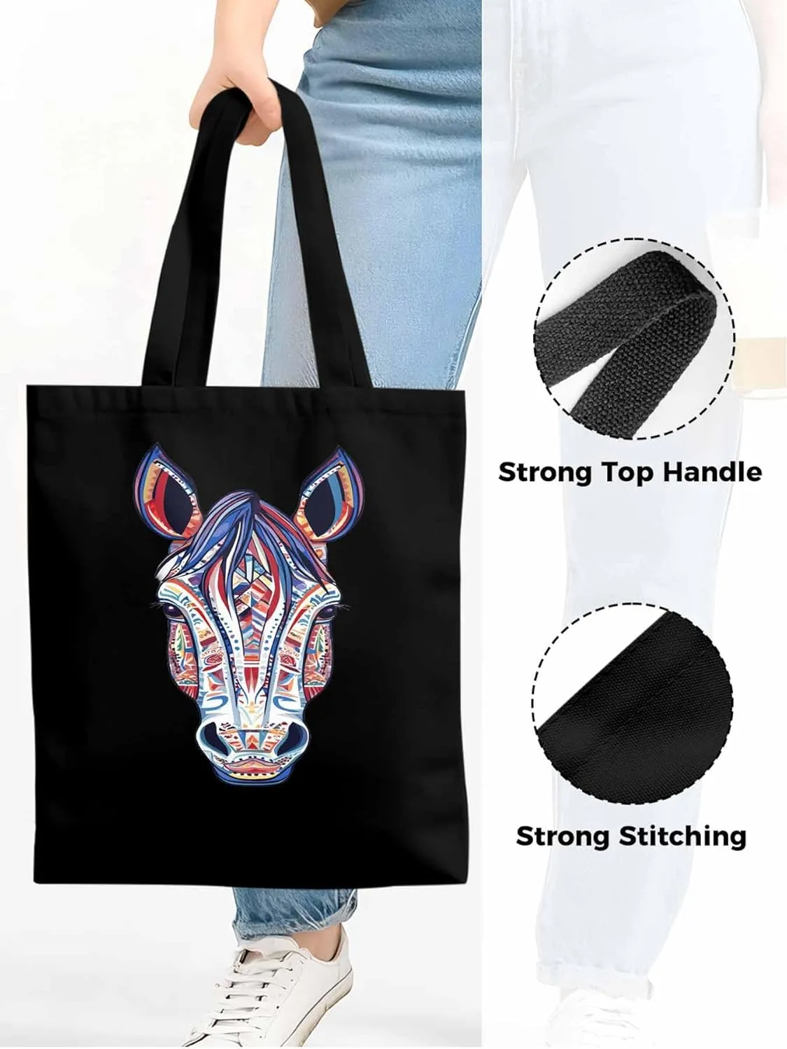 Canvas Tote Bag, Boho Purple Blue Horse patterned Canvas Tote Handbags for Women Shoulder Bag,