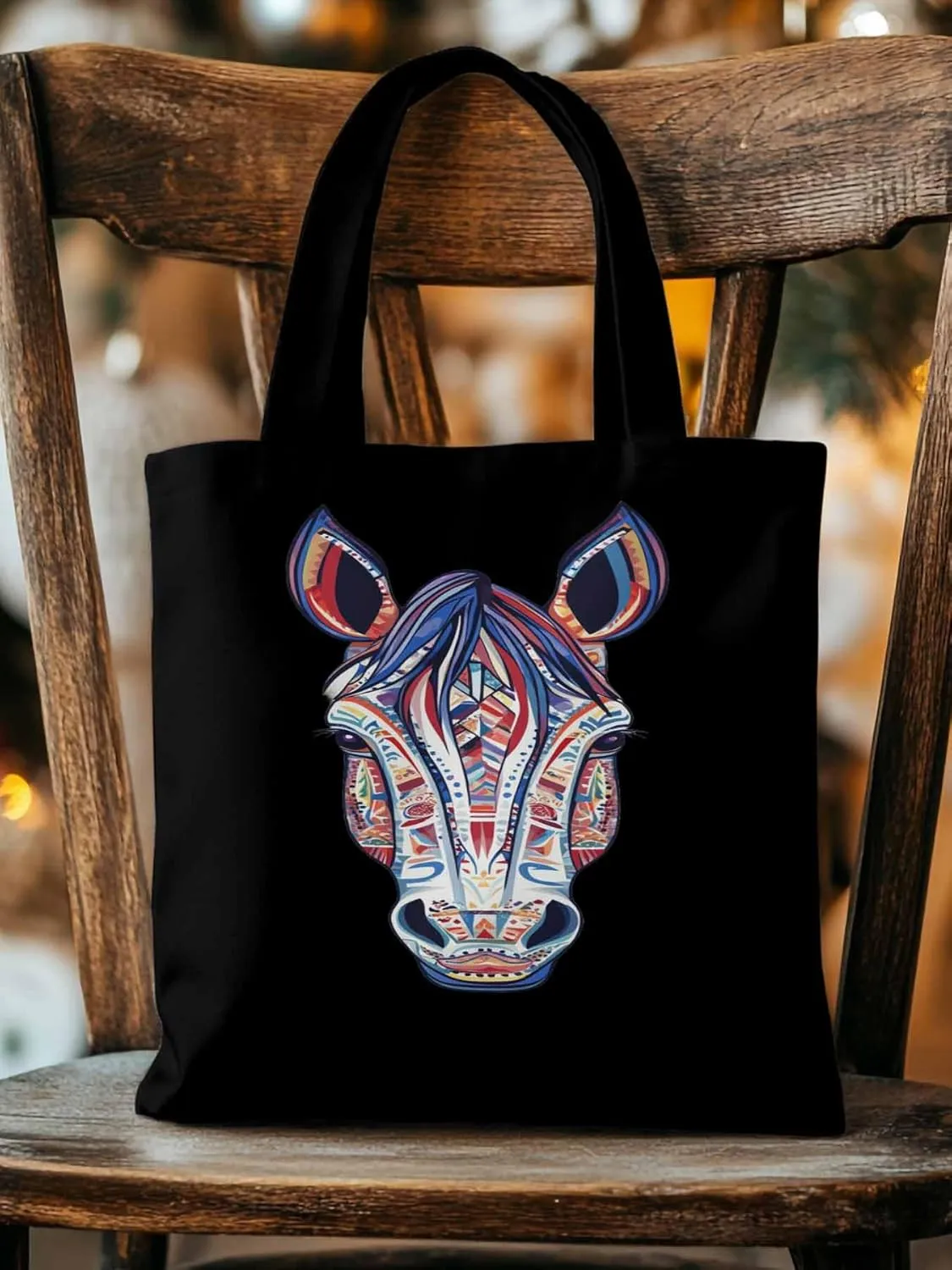 Canvas Tote Bag, Boho Purple Blue Horse patterned Canvas Tote Handbags for Women Shoulder Bag,