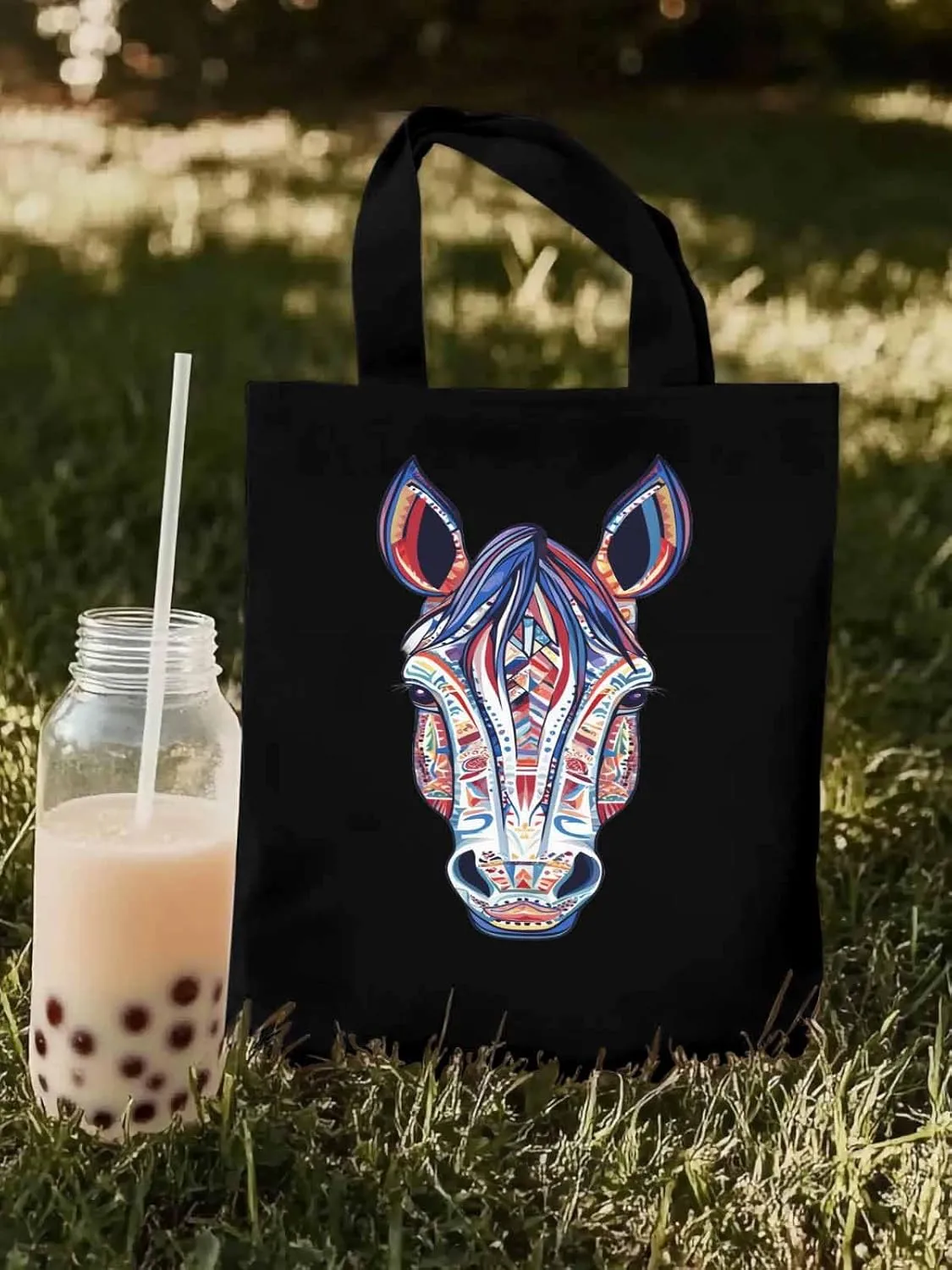 Canvas Tote Bag, Boho Purple Blue Horse patterned Canvas Tote Handbags for Women Shoulder Bag,