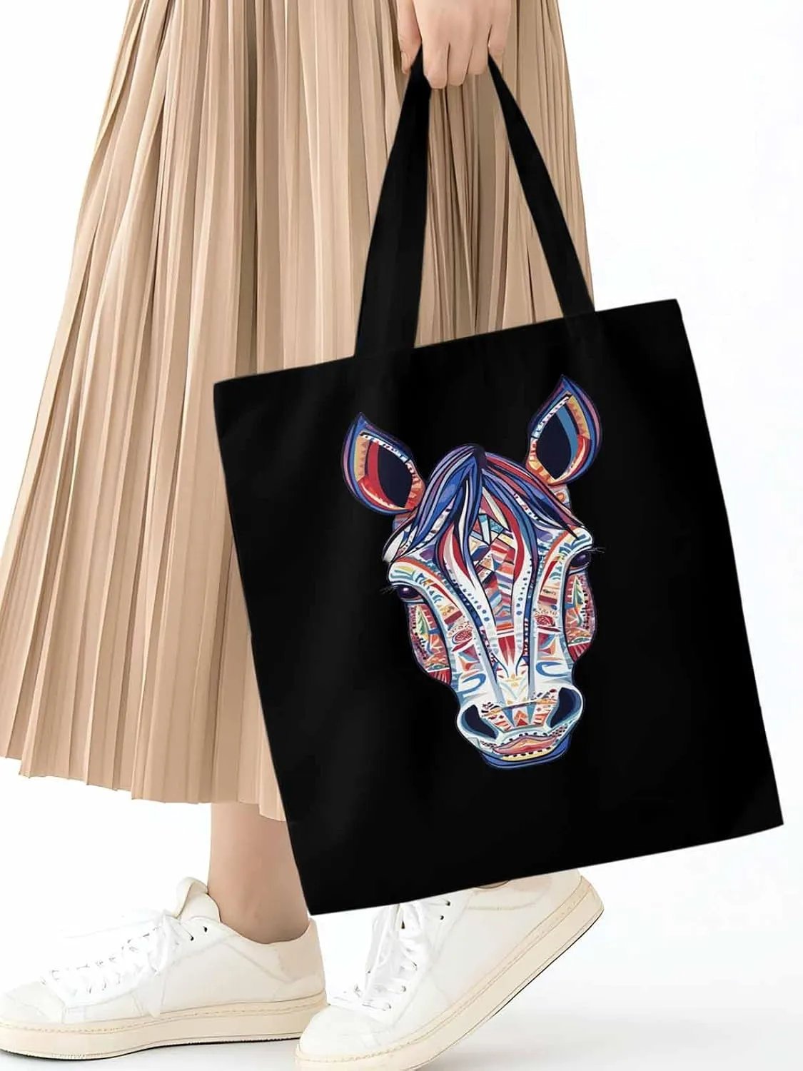 Canvas Tote Bag, Boho Purple Blue Horse patterned Canvas Tote Handbags for Women Shoulder Bag,