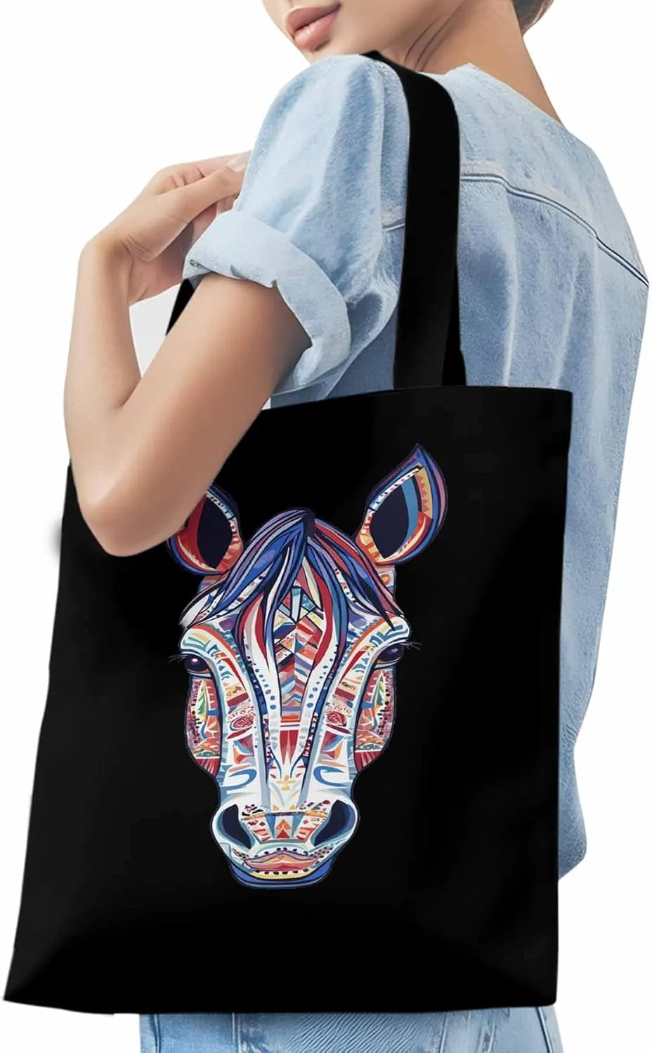 Canvas Tote Bag, Boho Purple Blue Horse patterned Canvas Tote Handbags for Women Shoulder Bag,