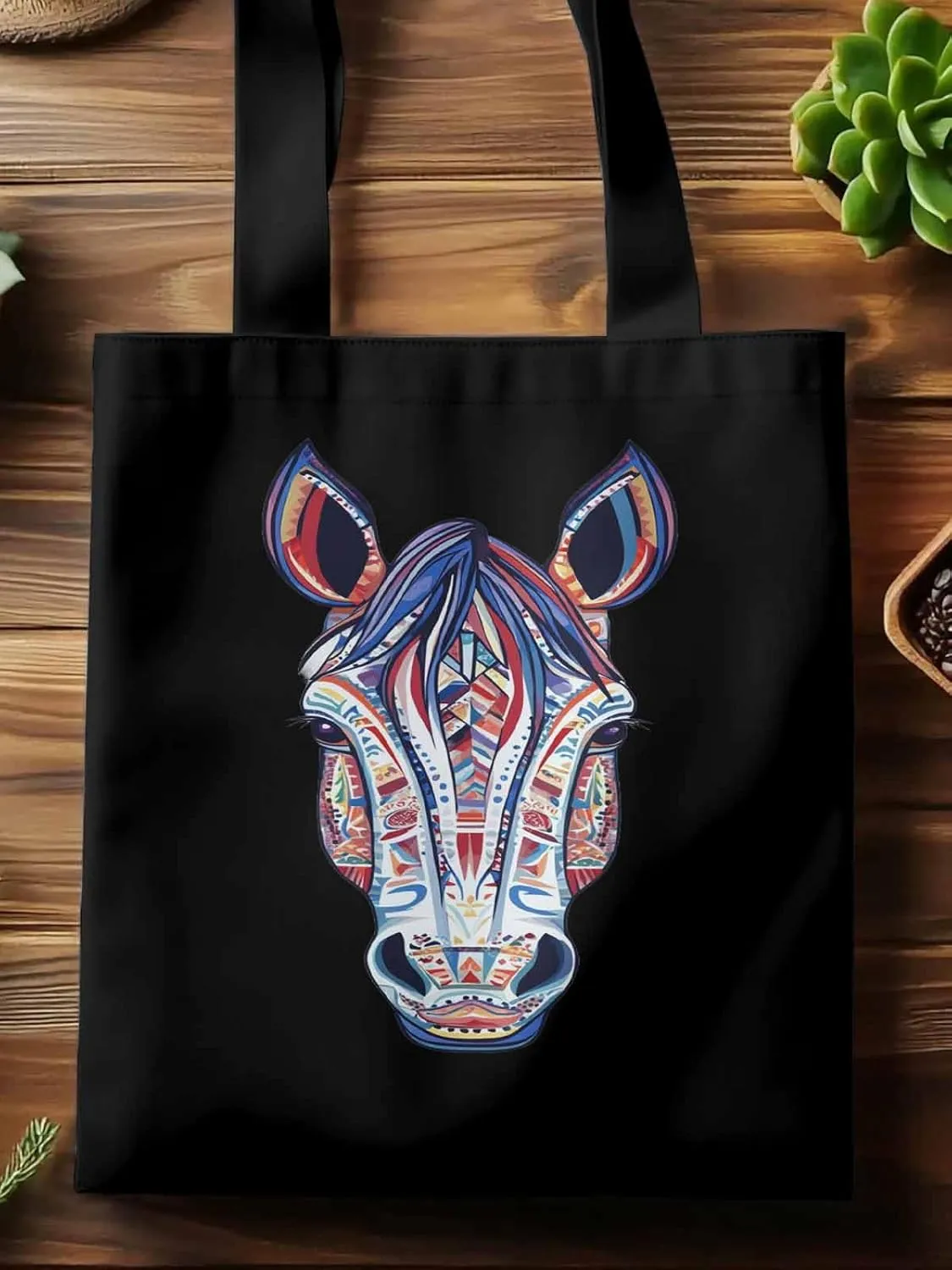 Canvas Tote Bag, Boho Purple Blue Horse patterned Canvas Tote Handbags for Women Shoulder Bag,
