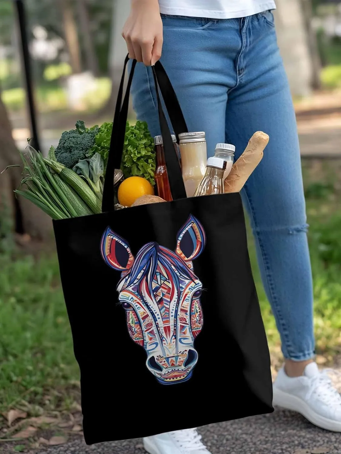 Canvas Tote Bag, Boho Purple Blue Horse patterned Canvas Tote Handbags for Women Shoulder Bag,