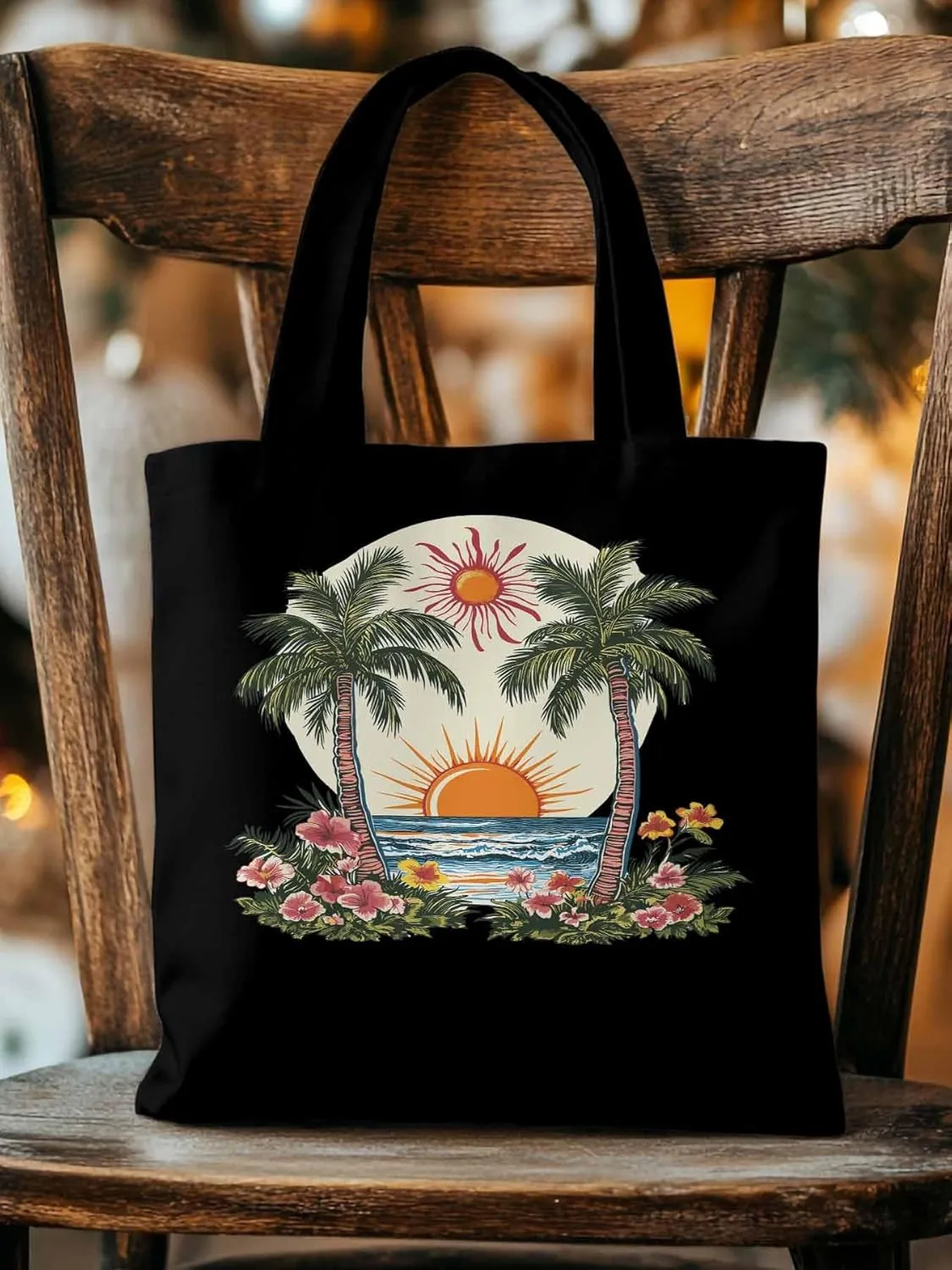 Canvas Tote Bag, Boho Sun Beach Palm Trees Floral patterned Canvas Tote Handbags for Women Shoulder Bag,