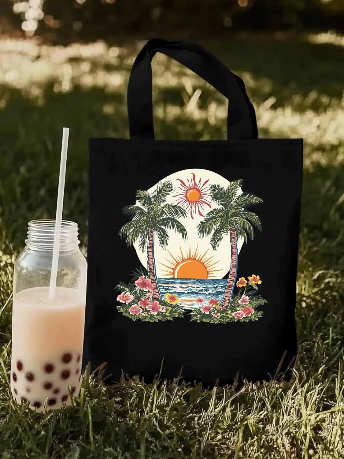 Canvas Tote Bag, Boho Sun Beach Palm Trees Floral patterned Canvas Tote Handbags for Women Shoulder Bag,