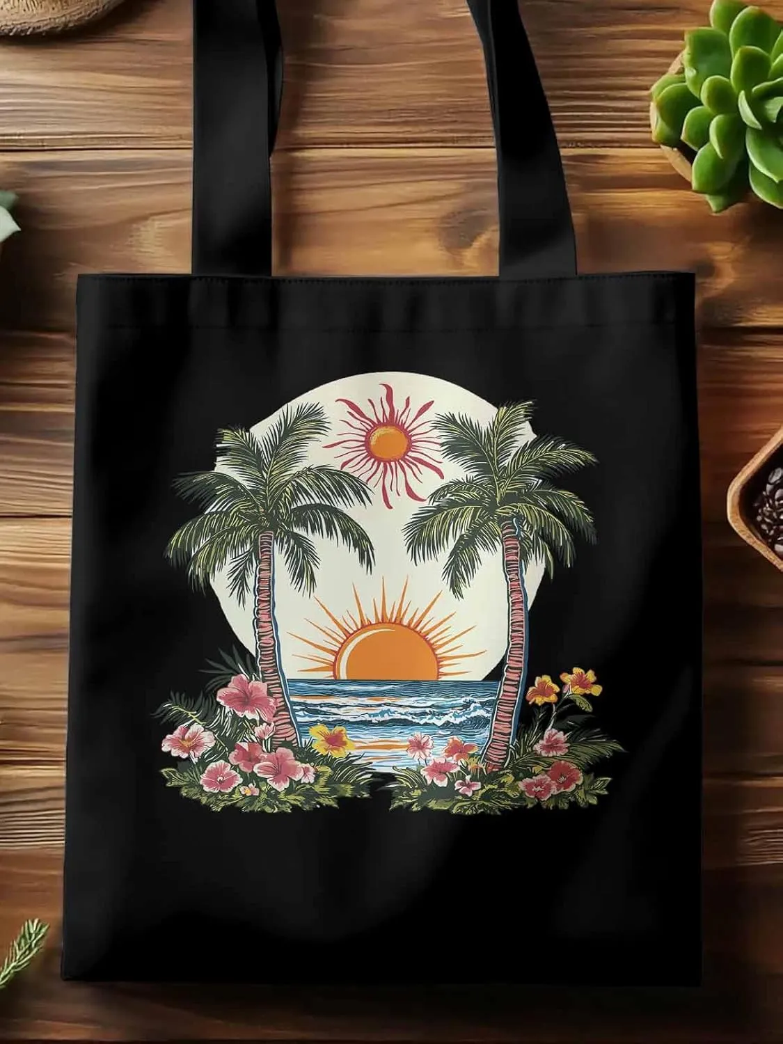 Canvas Tote Bag, Boho Sun Beach Palm Trees Floral patterned Canvas Tote Handbags for Women Shoulder Bag,