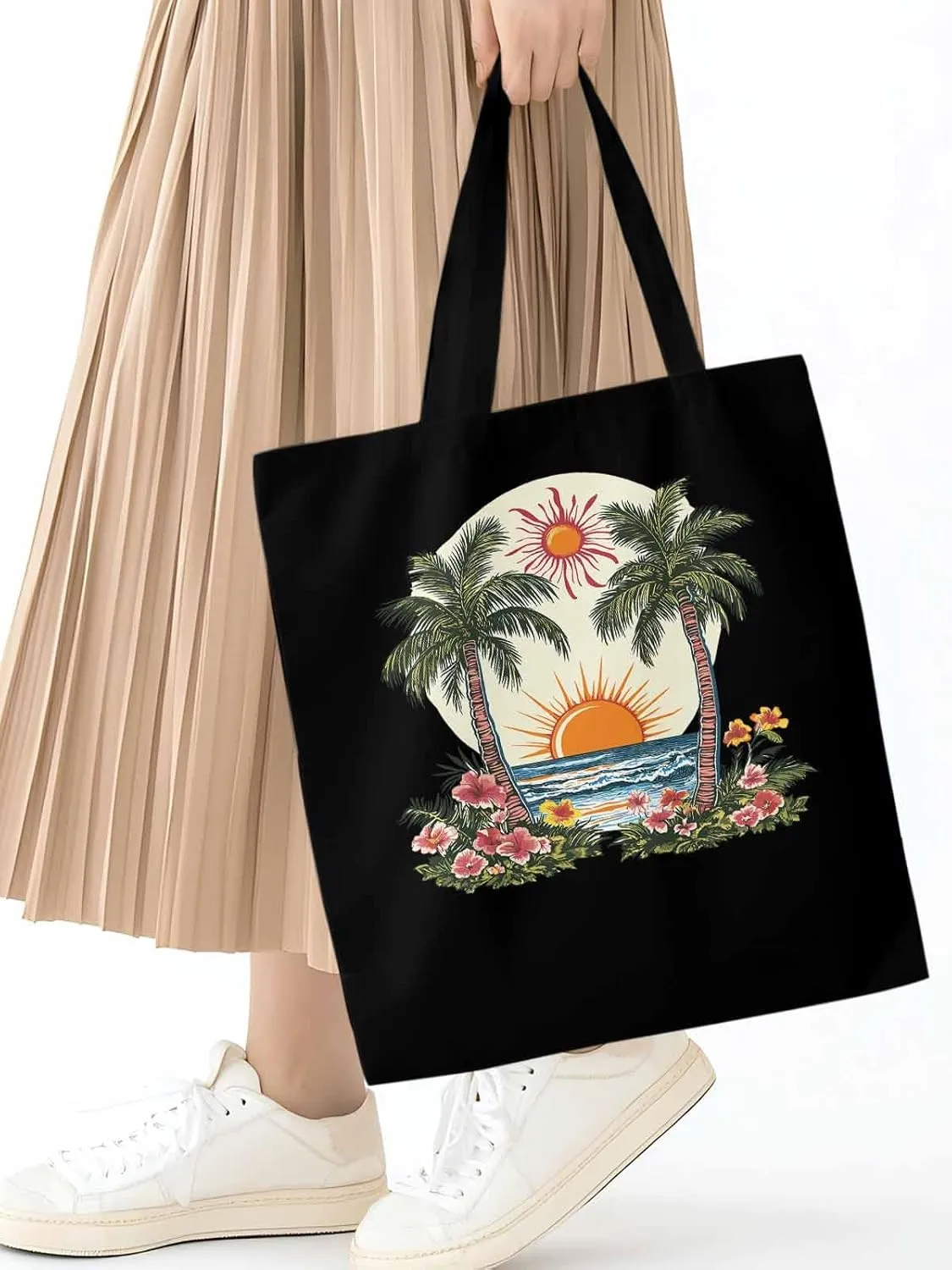 Canvas Tote Bag, Boho Sun Beach Palm Trees Floral patterned Canvas Tote Handbags for Women Shoulder Bag,