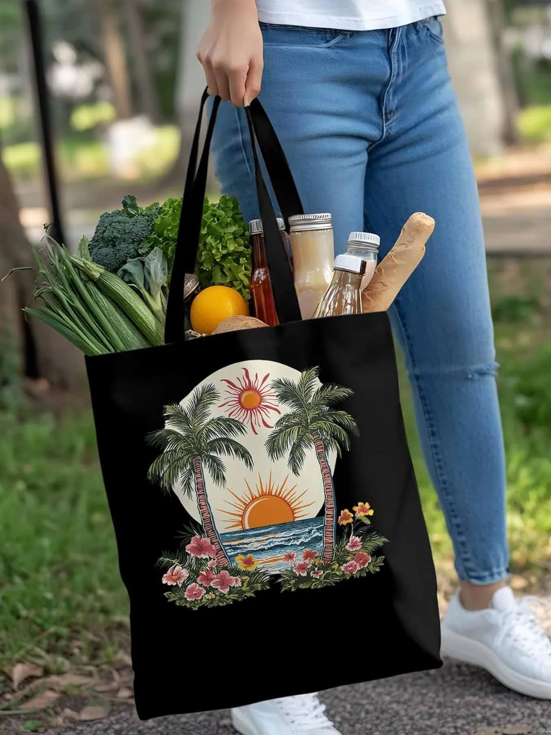 Canvas Tote Bag, Boho Sun Beach Palm Trees Floral patterned Canvas Tote Handbags for Women Shoulder Bag,