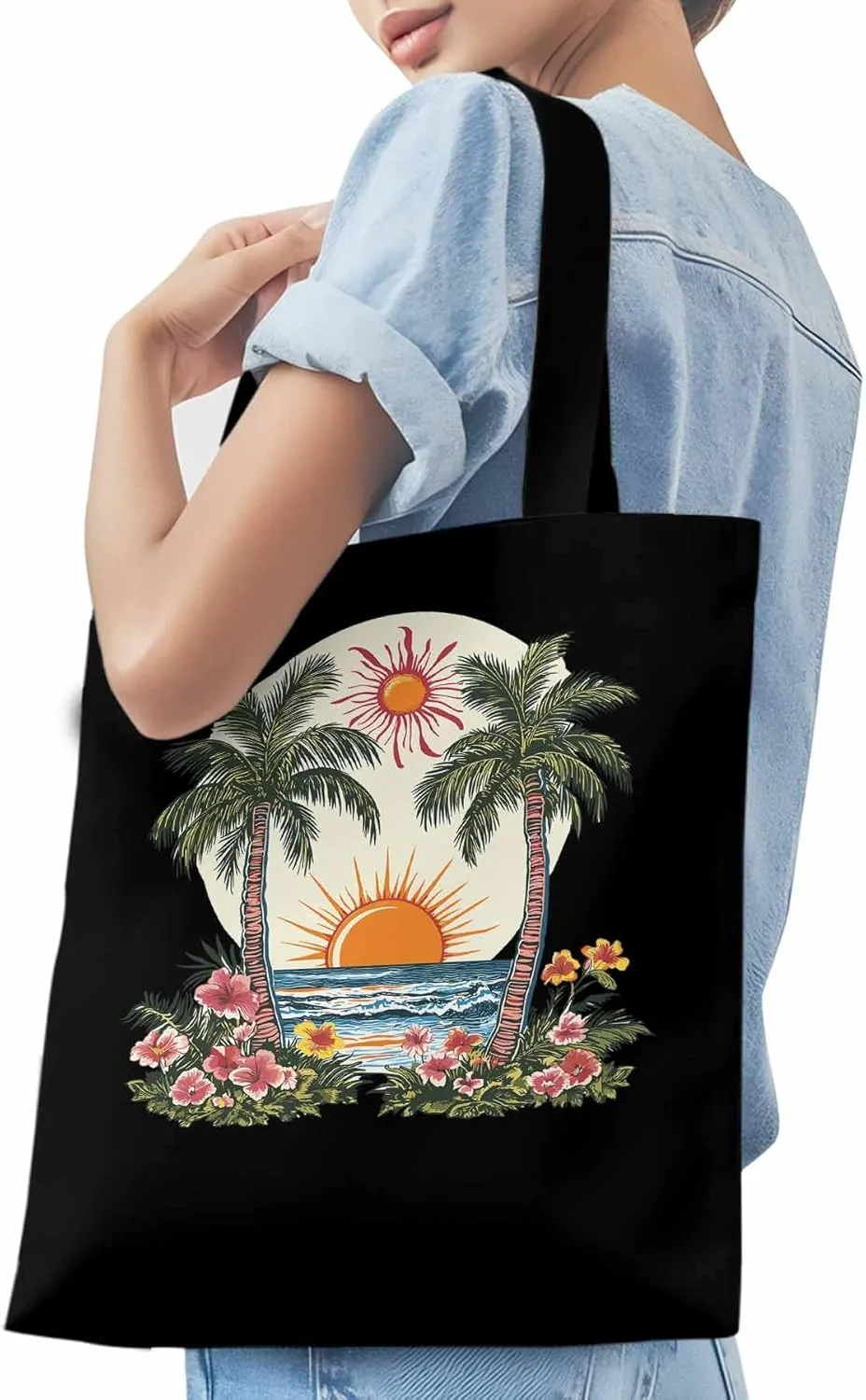 Canvas Tote Bag, Boho Sun Beach Palm Trees Floral patterned Canvas Tote Handbags for Women Shoulder Bag,