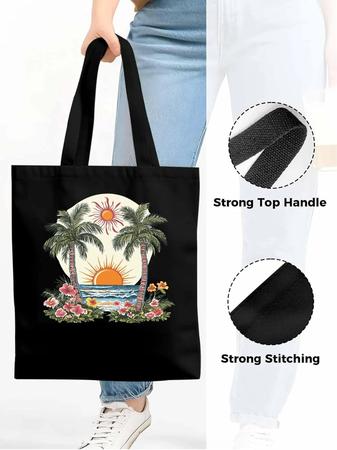 Canvas Tote Bag, Boho Sun Beach Palm Trees Floral patterned Canvas Tote Handbags for Women Shoulder Bag,