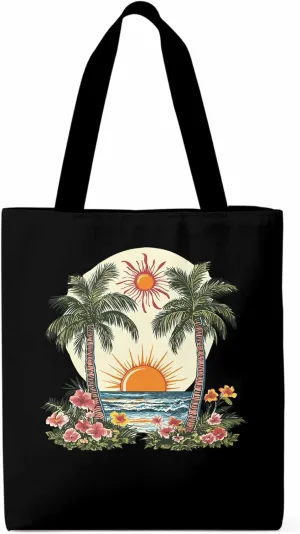 Canvas Tote Bag, Boho Sun Beach Palm Trees Floral patterned Canvas Tote Handbags for Women Shoulder Bag,