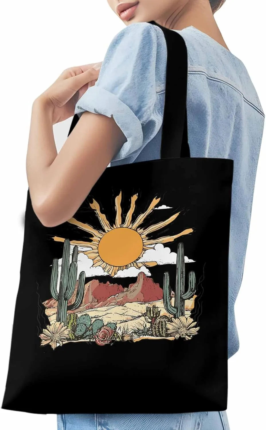 Canvas Tote Bag, Boho Sun Western Cactus Mountain Flower patterned Canvas Tote Handbags for Women Shoulder Bag,