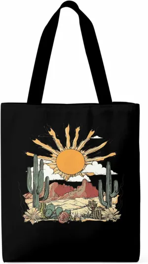 Canvas Tote Bag, Boho Sun Western Cactus Mountain Flower patterned Canvas Tote Handbags for Women Shoulder Bag,