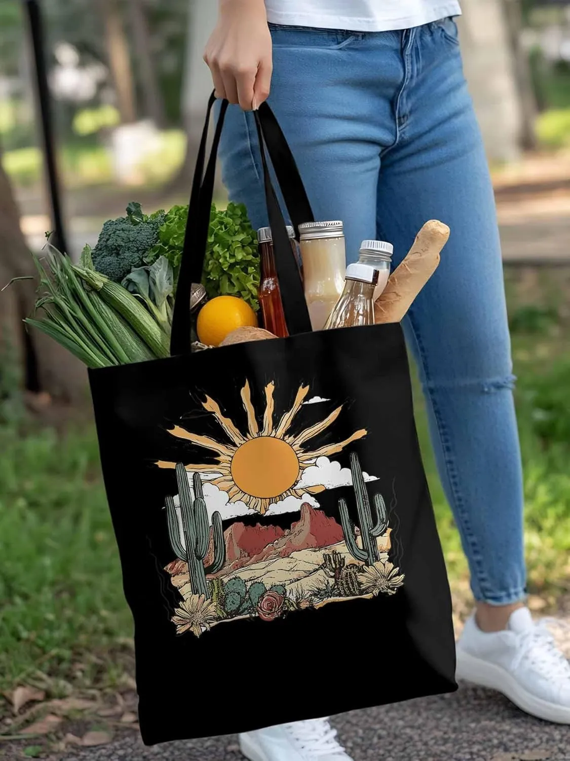 Canvas Tote Bag, Boho Sun Western Cactus Mountain Flower patterned Canvas Tote Handbags for Women Shoulder Bag,
