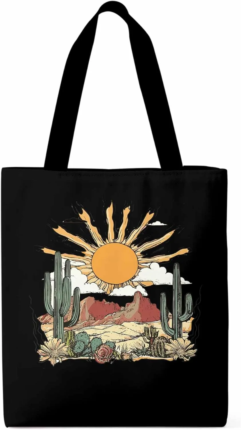 Canvas Tote Bag, Boho Sun Western Cactus Mountain Flower patterned Canvas Tote Handbags for Women Shoulder Bag,