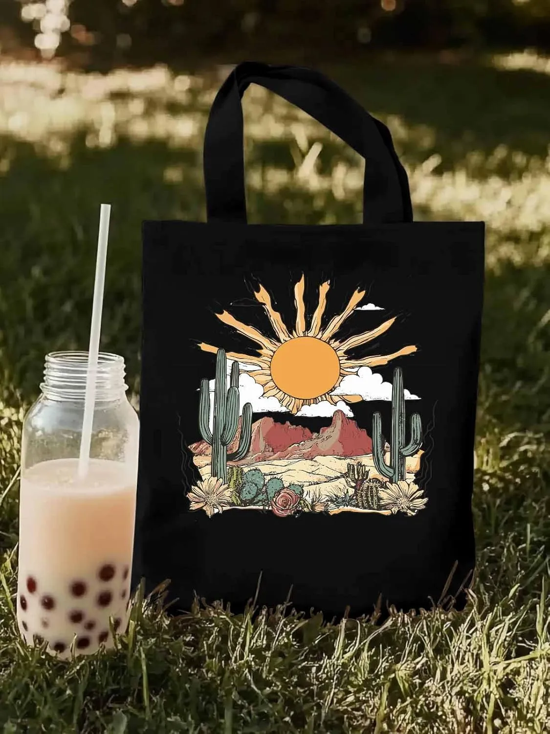 Canvas Tote Bag, Boho Sun Western Cactus Mountain Flower patterned Canvas Tote Handbags for Women Shoulder Bag,