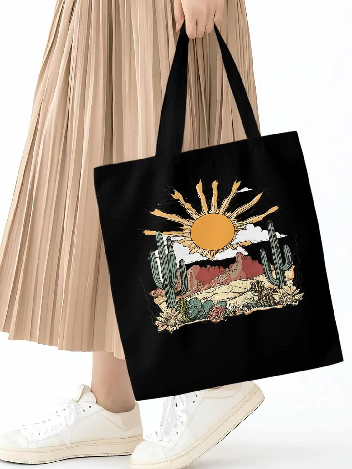 Canvas Tote Bag, Boho Sun Western Cactus Mountain Flower patterned Canvas Tote Handbags for Women Shoulder Bag,